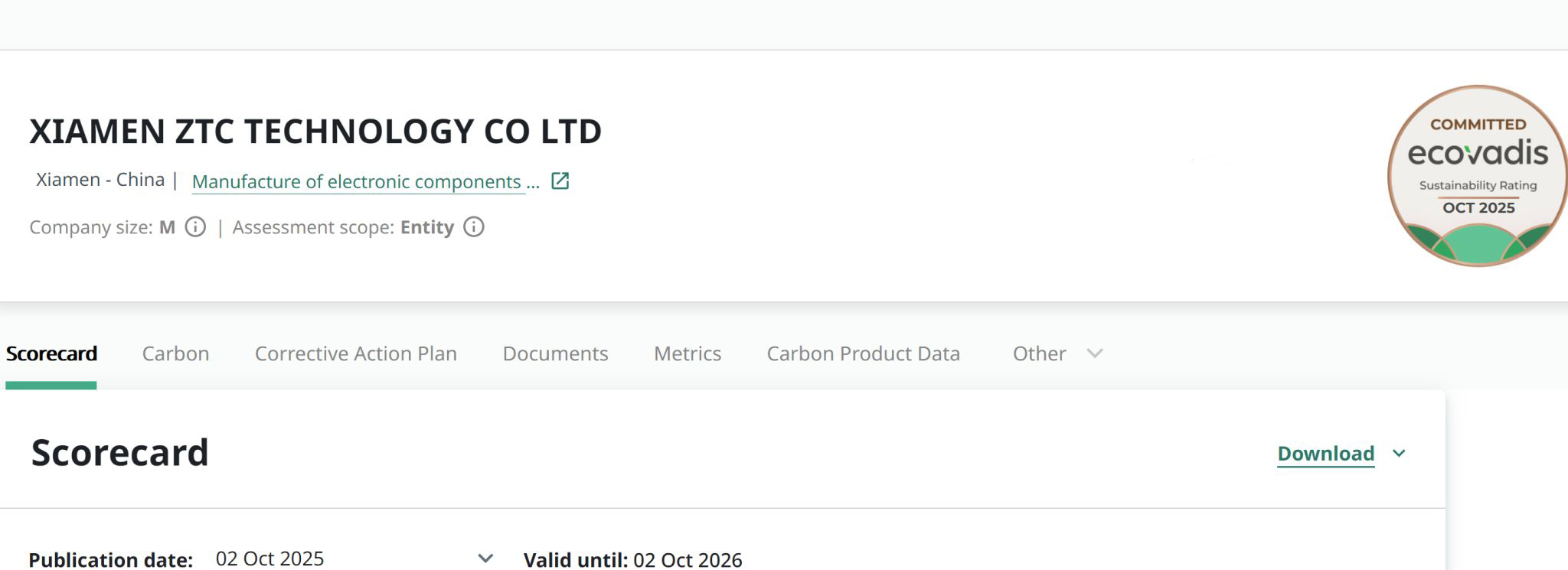 ज़ियामेन ZTC टेक्नोलॉजी ने इकोवाडिस सस्टेनेबिलिटी सर्टिफिकेशन हासिल किया